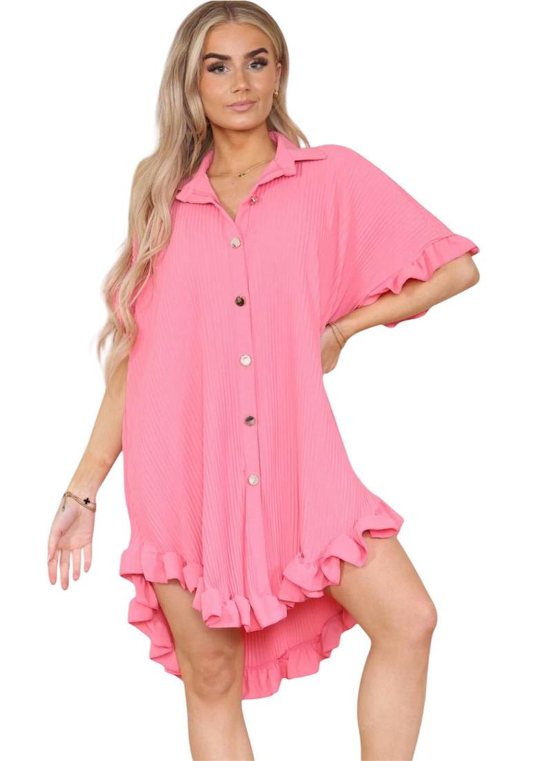 Product Introduction of Women's Lightweight Pleated Frill Hem Shirt Dress - Casual Loose Fit Collared Tunic with Gold Buttons - Comfort, Breathable 21