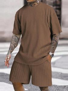 Men's Solid Textured Tee & Drawstring Shorts Set, Regular Fit Casual Short Sleeve T-shirt & Pocket Shorts, Dad Gift, Men's Summer Clothes Set for Daily Wear, National Day Clothing