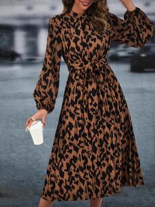Women's Leopard Print Bishop Long Sleeve Belted A Line Dress, Casual Elegant Chic Mock Neck Midi Dress, Lady's Comfort Fitted Casual Wear for Spring & Fall, Womenswear