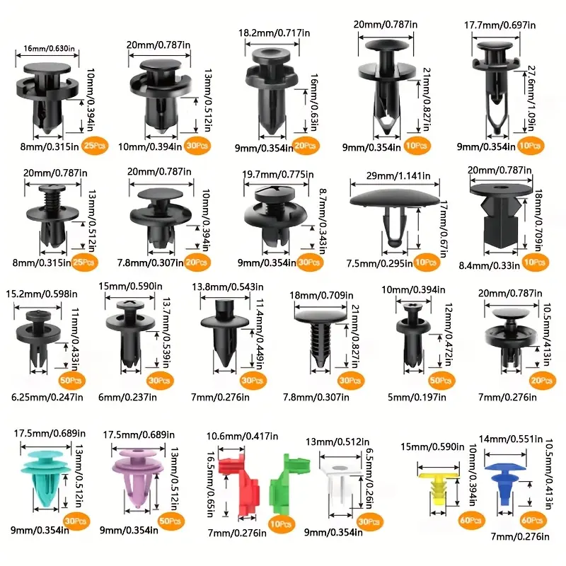 [Most Popular Sizes] Automotive Push Fasteners And Automotive Fastener Classification | 680pcs 725pcs | Nylon | 23 Most Popular Sizes of Nylon Bumpers, Mudguards, Rivet Straps, 10 Cable Ties, And Fastener Removers 2