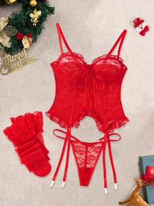 Christmas Sexy Lace Bra Set, Adjustable Strap, Sheer Ruffle Design, Fitted Style, Soft Fabric, All Seasons Wear