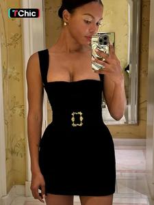 Women's Solid Belted Bodycon Tank Dress, Elegant Fashion Sleeveless Mini Strap Dress for Party Dating Wear, Ladies Dress for All Seasons, Party Dresses, Formal Date Night Dresses, Elegant Fashion Chic Strappy Womenswear