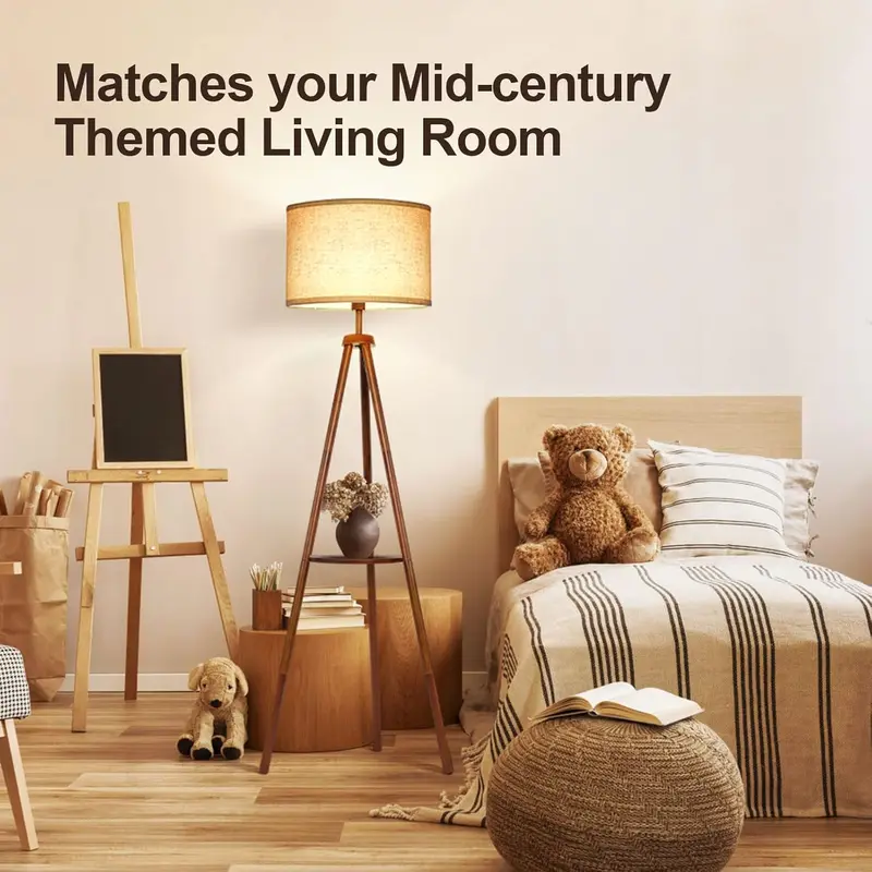 Solid Wooden Tripod Floor Lamp, Bulb Included, Standing Lamp with Remote Control, Dimmable & 4 Color Temperatures, 1H Timer, Floor Lamp with Storage Shelf Linen Shade for Living Room Bedroom 7