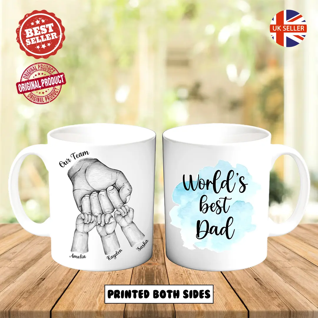 World's Best Dad Personalised Mug with any Name & Relation Tea Coffee Fist Bump Cup Double Sided Left & Right Hand  Birthday Father's Day Gift Keepsake Our Team Drink Drinkware Ceramic Washable Printed Tumbler Reusable Reuse cute drinker