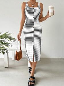 Women's Striped Button Front Sleeveless Dress, Casual Chic Fitted Style for Everyday Wear, Perfect Summer for Ladies, Bodycon Tank Dress