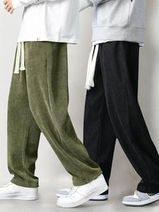 Men's Solid Color Drawstring Waist Corduroy Pants, Loose-Fitting Casual Comfy Side Pocket Design Straight Leg Trousers for Fall & Winter, Men's All-Match Draped Pants for Daily Wear