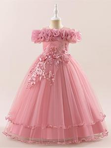 Girl's Cold Shoulder Faux Pearl Decor Bowknot Design Tiered Layer Dress, Elegant Floral Embroidering Short Sleeve Dress for Party Performance Wedding Guest, Kids Clothes for All Seasons