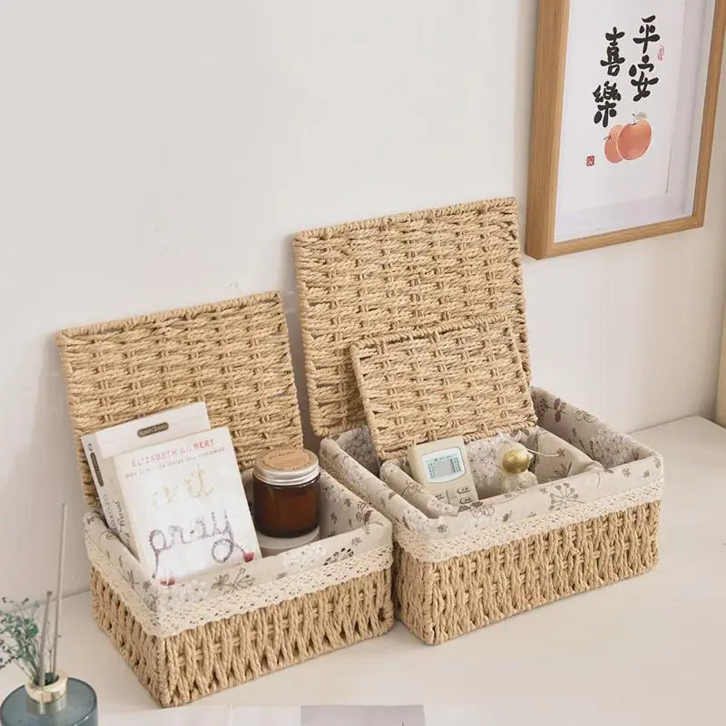 Woven Rattan Storage Basket with Lid, Handmade Sundries Organizer for Food, Books, Snacks, and Picnic Use 1