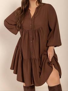 【Plus Size】 Solid Color Button Front Ruffle Hem Dress, Casual Fashion Bishop Sleeve Dress for Daily Outdoor Wear, Women Clothing for Fall & Winter