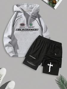 Men's Letter Print Half Zip Up Hoodie & 2 IN 1 Shorts Two-piece Set, Casual Fashion Cozy Breathable Two Piece Outfits for Daily Outdoor Wear, Men Clothes for Summer