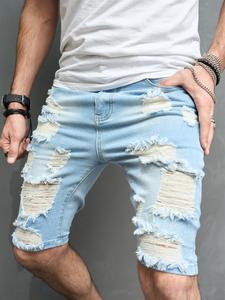 Men's Denim-Effect Print Ripped Crotchless Shorts, Casual Comfy Loose Fit Distressed Jeans Shorts for Daily Wear, Fashion Men's Bottoms for All Seasons, Cotton