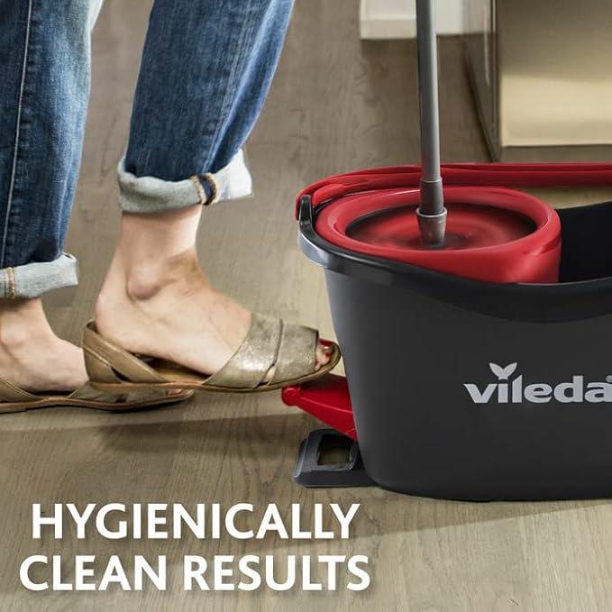 Product Introduction of Vileda Turbo Microfibre Mop and Bucket Set with Extra 2-in-1 Head Replacement, Spin Mop for Cleaning Floors, Set of 1x Mop, 1x Bucket and 1x Refill 4