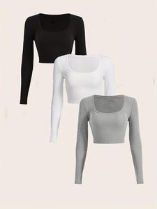 Women's Plain Square Neck Ribbed Crop Tee, Streetwear Longsleeves Womenswear, Sexy Comfort Lady Streetwear T-shirt, Long Sleeve T-shirt