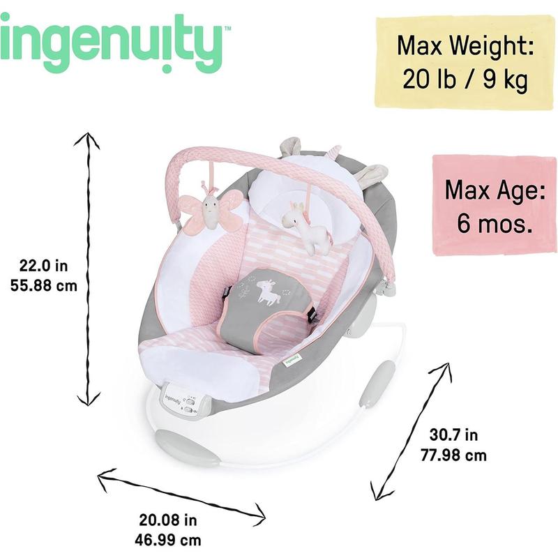 Ingenuity, Cradling Baby Bouncer Seat Flora the Unicorn, Ultra-Plush Padded Chair with Vibration and Melodies, Removable Toy Bar, Ages Newborn 2