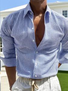 Men's Striped Print Long Sleeve Shirt, Casual Comfy Top for Spring & Fall, Men's Clothes for Daily Wear