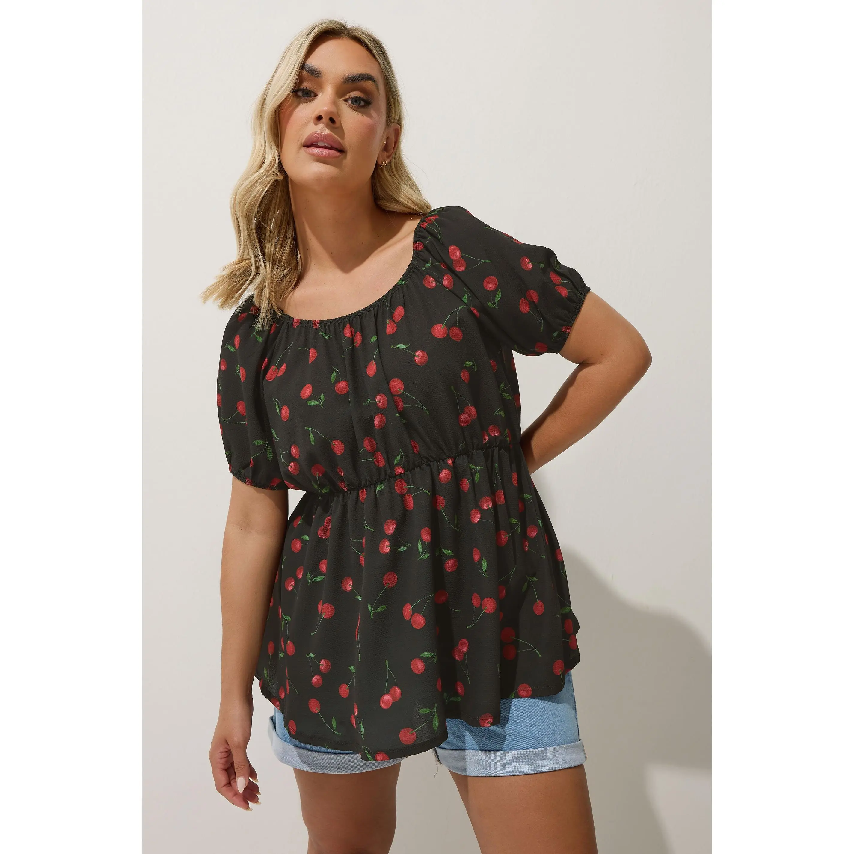 LIMITED COLLECTION Curve Black Cherry Print Puff Sleeve Top