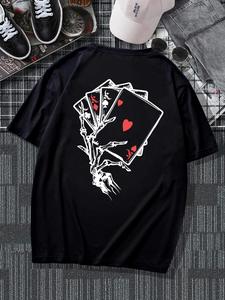 Unisex Men's Playing Card Print Drop Shoulder Tee, Regular Fit Casual Comfy Short Sleeve Round Neck T-Shirt for Summer, Menswear for Daily Wear