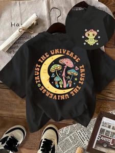 Women's Cartoon Mushroom Print Round Neck Tee, Vintage Trendy Casual Short Sleeve T-shirt for Daily Wear, Ladies Summer Outfit