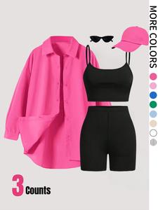 Women's Solid Button Front Shirt & Crop Cami Top & Skinny Shorts Three-piece Set, Casual Drop Shoulder Long Sleeve Top & Camisole & Shorts, Ladies Summer Clothes