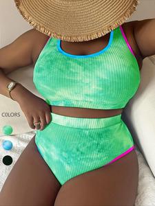 Two-Piece Set Plus Size Women's Tie Dye Print Contrast Binding Tankinis Set, Tankini Bathing Suits, Chic U Neck Swim Top & High Waist Swim Bottom, Women's Summer Outfits 2024