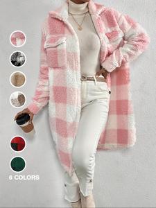 Women's Plaid Print Button Front Pocket  Fuzzy Coat, Casual Long Sleeve Collared Outerwear for Fall & Winter, Women's Clothes for Daily Wear