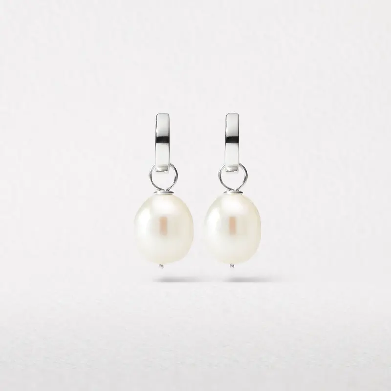 Silver Plain Huggie Pearl Drop Hoop Earrings 2