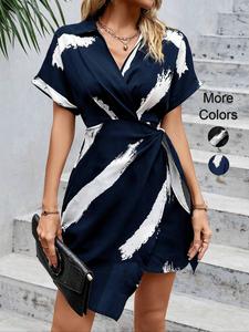 Women's  Brush Print V Neck Dress, Elegant Short Sleeve Tie Waist Dress for Summer, Ladies Clothes for Daily Wear