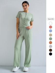 Two-Piece Set Women's Solid Button Up Short Sleeve Top & Wide Leg Pants, Casual Fashion Cozy for Daily Outdoor Wear, Ladies Summer Clothes, Suits