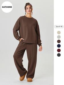 Women's Casual Solid Color Loose Long Sleeve Top & Exposed Seam Pants Set, Comfortable Fashion for Daily Wear