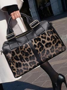 Women's Fashion Leopard Print Cowhide Handbag, Casual Versatile Zipper Shoulder Bag, Trendy All-match Commuter Bag
