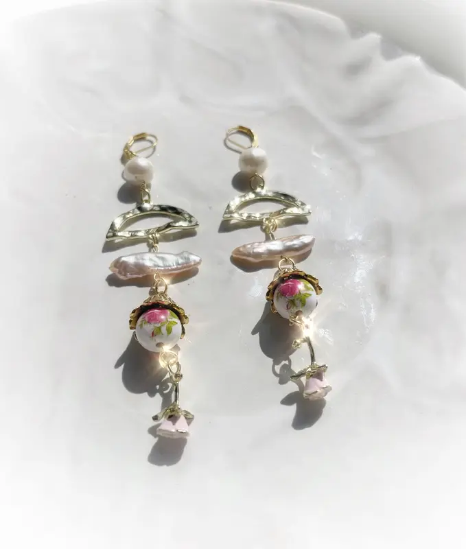 Pearl drop earrings with rose flower charm, white freshwater pearl dangle earrings, statement earrings, summer earrings 4