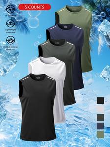 Men's Solid Color Ice Cube Print Sleeveless Tee, Breathable Round Neck Tank Top for Summer, Casual Men's Top for Outdoor Activities, Menswear