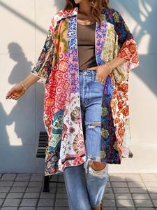 Women's Ethnic Pattern Batwing Sleeve Kimono Cardigan, Boho Casual 3/4 Sleeve Open Front Outerwear for Daily Holiday Vacation Wear, Ladies Clothes for All Seasons