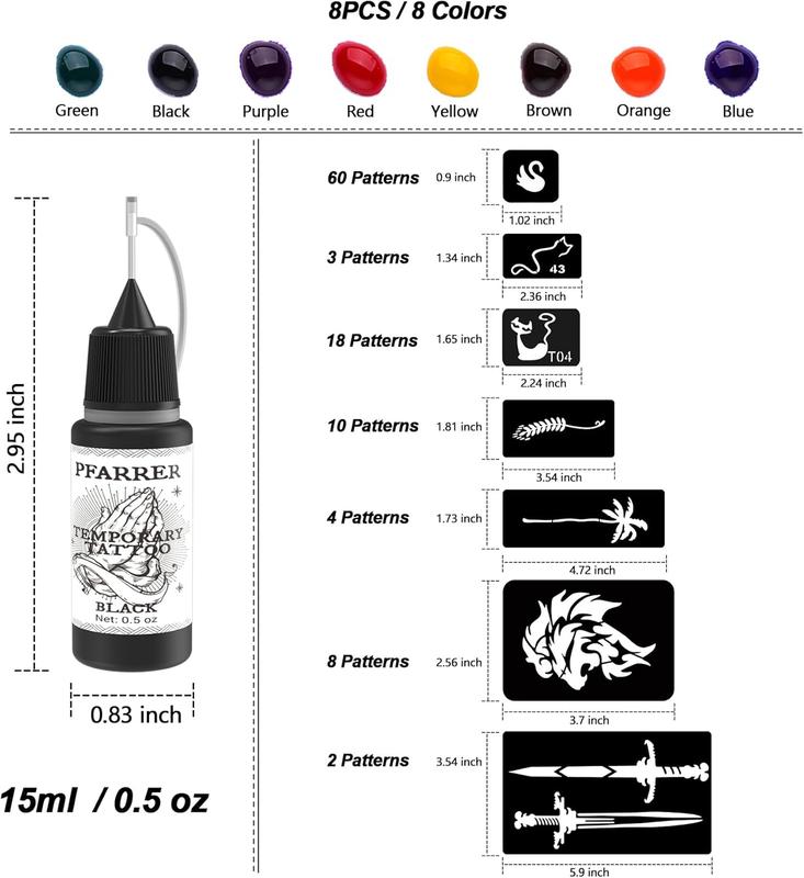 Temporary Tattoo Kit 8 Bottles Color Temporary Tattoo Ink,105 Pcs Stencils Kit for Body Paint DIY Fake Tattoos for Kids&Women (Black,Red,Green... 1