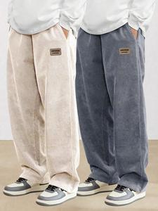 Men's Letter Patched Drawstring Waist Corduroy Pants, Casual Comfy Regular Fit Pocket Trousers for Fall & Winter, Men's Bottoms for Daily Wear