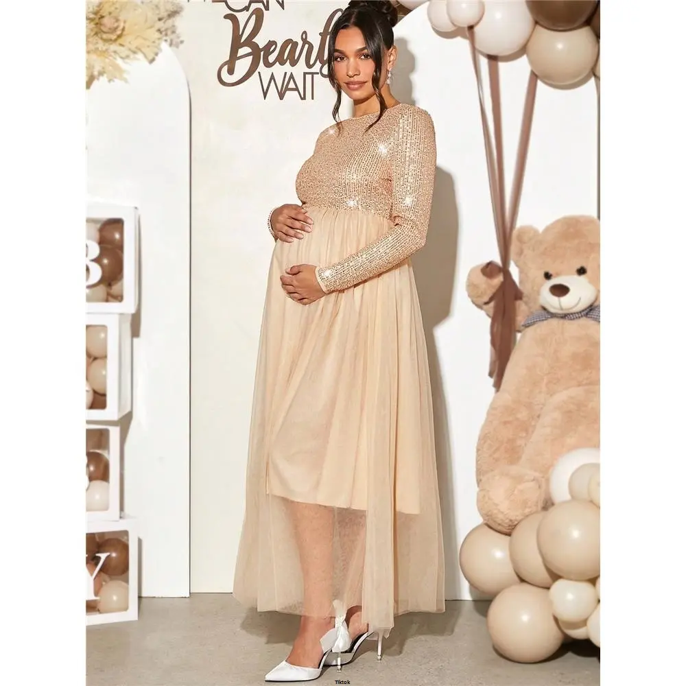 Festival Maternity Baby Long Women Dress Loomaby Gender Reveal Pregnant Sequined Patchwork Elegant Sleeve For Shower Party Music
