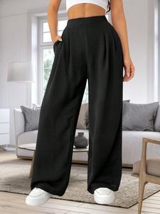 Women's Solid Color Pocket Wide Leg Pants, Elegant High Waist Trousers for Spring & Fall, Women's Bottoms for Daily Wear