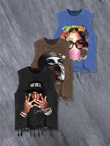 Men's Street Style Face Print Tank Top, Regular Fit Casual Trendy Sleeveless Top for Summer, Men's Top for Daily Wear, Vests