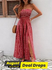 Women's All Over Print Shirred Split Thigh Tube Jumpsuits, Boho Strapless Sleeveless Wide Leg Jumpsuit for Beach Holiday Vacation, Bohemian Ladies Summer Clothes