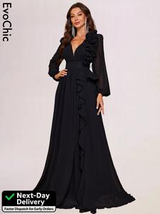 EvoChic UK Neck Ruffle Trim Lantern Sleeve Dress,Dress in Club for Women,wedding dress,Long Sleeve Round Neck Long Black Ladies Dresses,empire waist dress,evening dress,drop waist dress,Modest Evening Wear,Women's Dresses