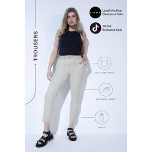 Lovall Everyday Chino Trousers - Beige  | Clearance |  Standard and Plus Sizes Available, Sizes 6-28, High Waisted, Breathable Cotton-Linen Blend Fabric, Supportive Tapered Slim Leg Fit with Pockets
