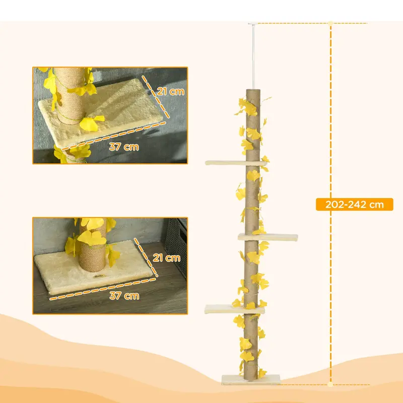 PawHut 202-242cm Height Adjustable Floor to Ceiling Cat Tree for Cats with Sisal Scratching Post, 3- Tier Cat Tower 2