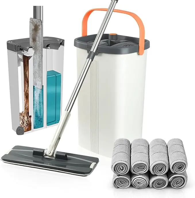 Jelymark Flat Mop and Bucket Set, 3-Chamber Mop, Separates Dirty and Clean Water, 360° Rotatable Mop Head, 8 Reusable Microfiber Pads, Orange, Grey