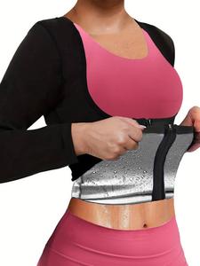 Women's Solid Long Sleeve Zip Up Sauna Top, Open Bust Tummy Control Training Sports Shaperwear Top, Workout Gym Exercise Clothing for Women, Gym Sportswear, Workout Clothes, Gym Tops, Athletic Style Activewear, Sauna Sweat Shirt