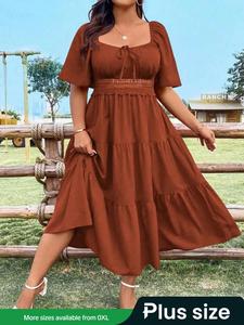 【plus Size】 Plain Lace Trim Ruffle Hem Dress, Casual Short Sleeve Dress for Summer, Women's Plus Clothing for Daily Wear, Bohemian Womenswear