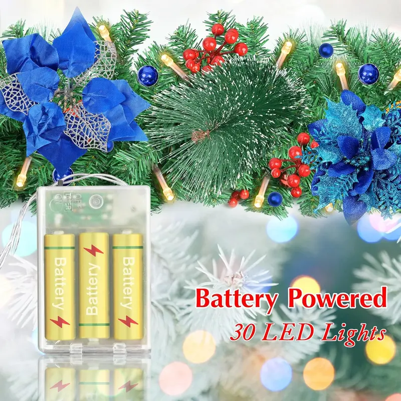 Christmas Garland with 30 LED Lights, 270cm/9FT Pre-Lit Artificial Christmas Garland, Battery Operated Garland for Xmas Tree Stairs Christmas Fireplace Garden Yard Window Decors 4