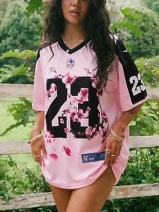 Women's Vintage Loose Fit Sporty Football Jersey, Floral Print & Sleeves, Casual Sports Wear, Outdoor Apparel, Outdoor Activities & Daily Wear, Vintage Aesthetic, Versatile Wear, Sportswear Top