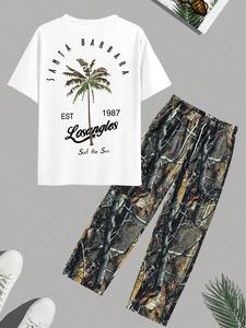 Men's Letter & Coconut Tree Print Short Sleeve Tee & Drawstring Waist Pocket Pants Two-piece Set, Loose Casual Round Neck T-shirt & Trousers for Summer, Men's Clothes for Daily Wear