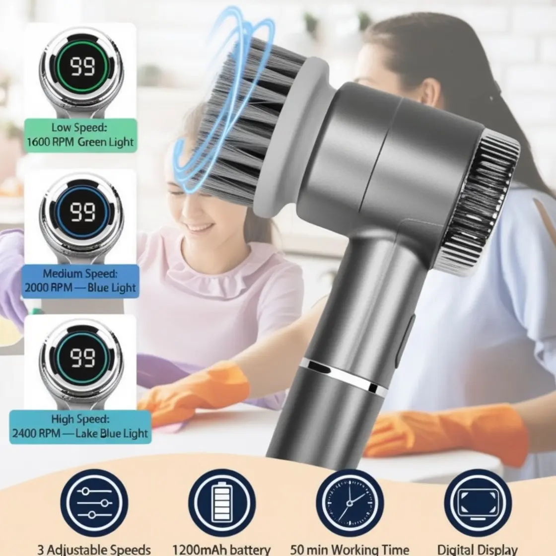 Wireless Electric Spin Scrubber With 5 Brush/Heads, Type-C USB Rechargeable, Cordless Spinning Gadgets, LED Adjustable Speed, Power Cleaning Machine For Bathroom, Kitchen, Floor,Car, Glass, kit cheb Complete Spinner Silicone Scrubbing tools Cleaner