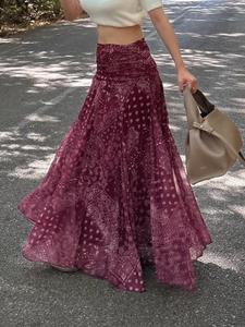 Women Burgundy Paisley Print Maxi Skirt High Waist Boho Flowy A Line Long Skirt Lightweight Sheer Layered Summer Vacation Beach Resort Cover Up Skirt Casual Chic Vintage Ethnic Style Swing Skirt
